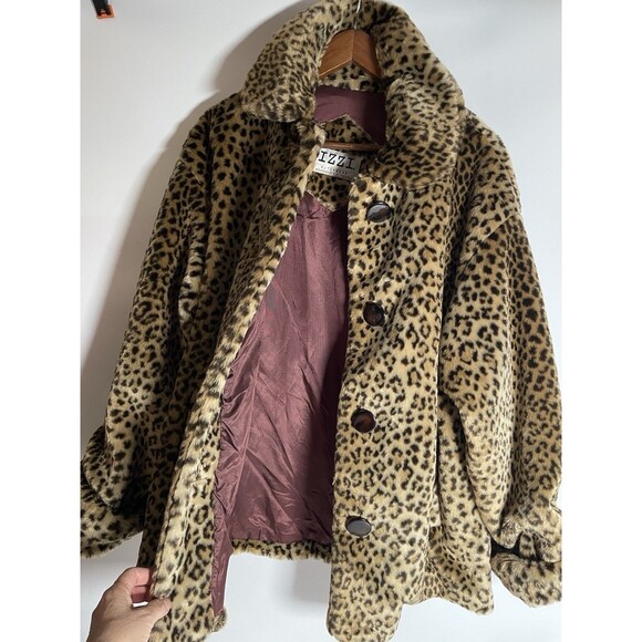 Vintage 1980's IZZI Outerwear Faux Leopard Fur Coat Jacket Plush, Women’s L - Picture 9 of 16